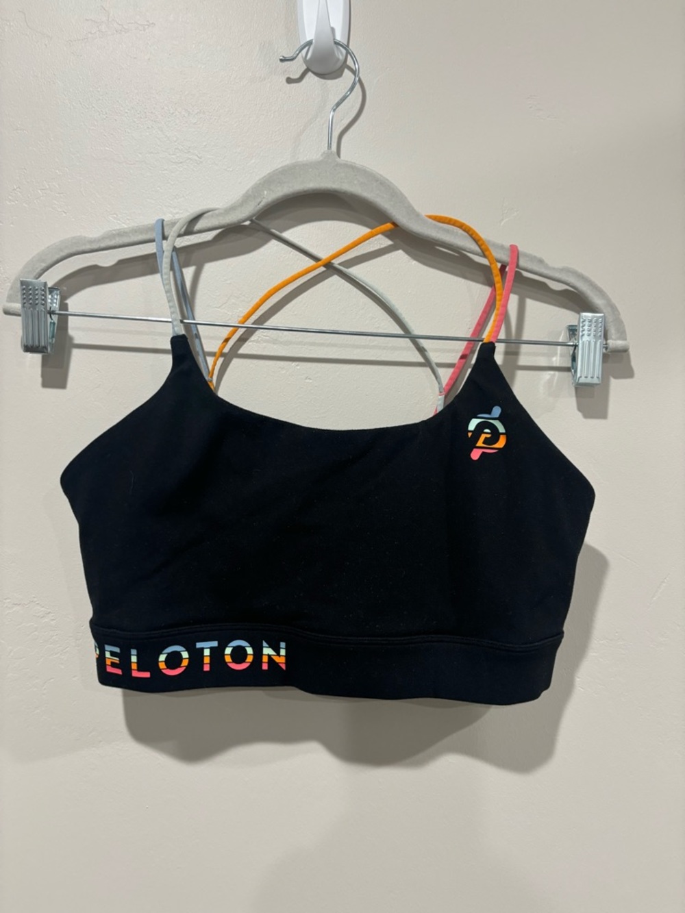 Peloton Black Sports Bra with Multicolor Straps and Logo